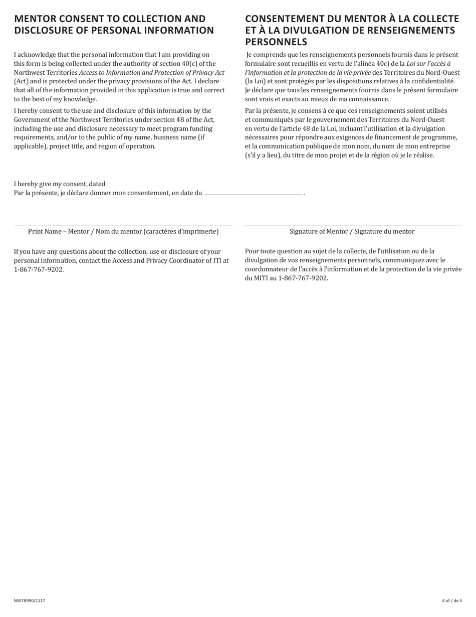Form NWT8990 Mentor Application Form - Youth Mentorship for Tourism Program - Northwest Territories, Canada (English / French), Page 4