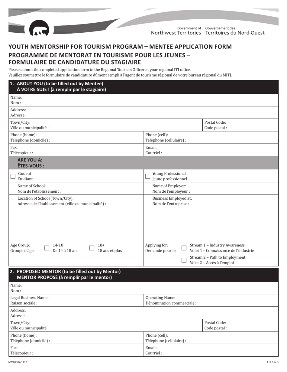 Form NWT8987 Mentee Application Form - Youth Mentorship for Tourism Program - Northwest Territories, Canada (English / French), Page 1