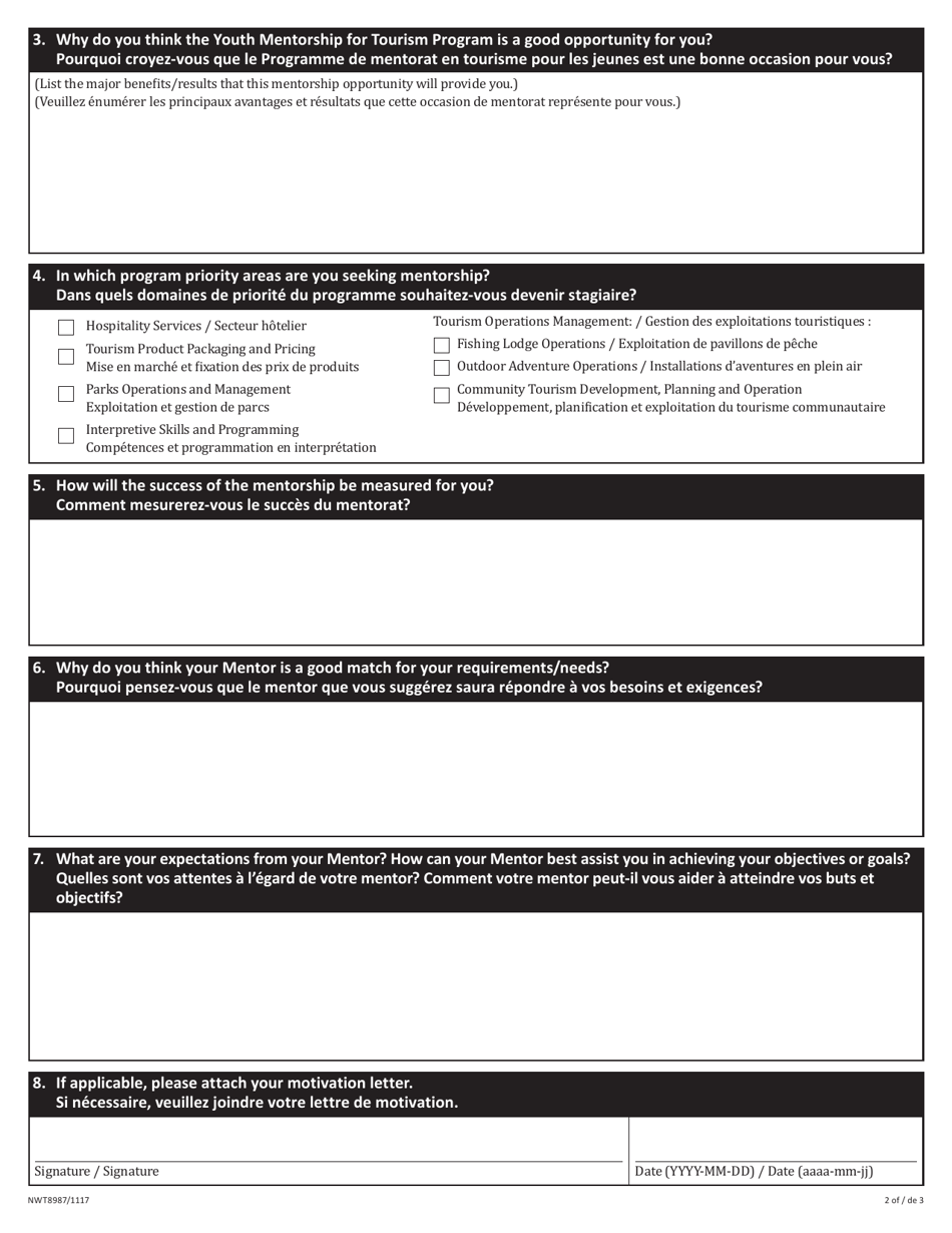 Form NWT8987 Mentee Application Form - Youth Mentorship for Tourism Program - Northwest Territories, Canada (English / French), Page 2