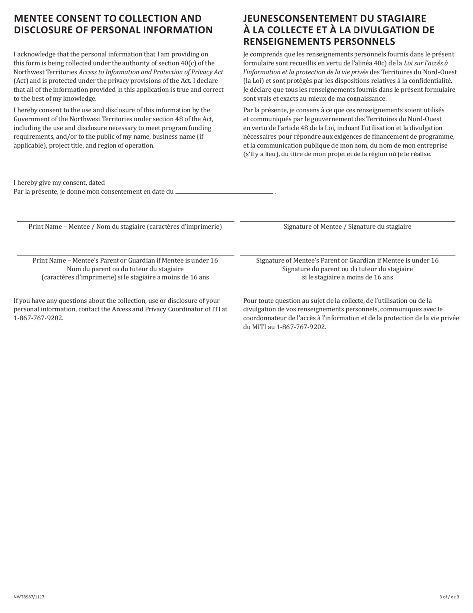 Form NWT8987 Mentee Application Form - Youth Mentorship for Tourism Program - Northwest Territories, Canada (English / French), Page 3