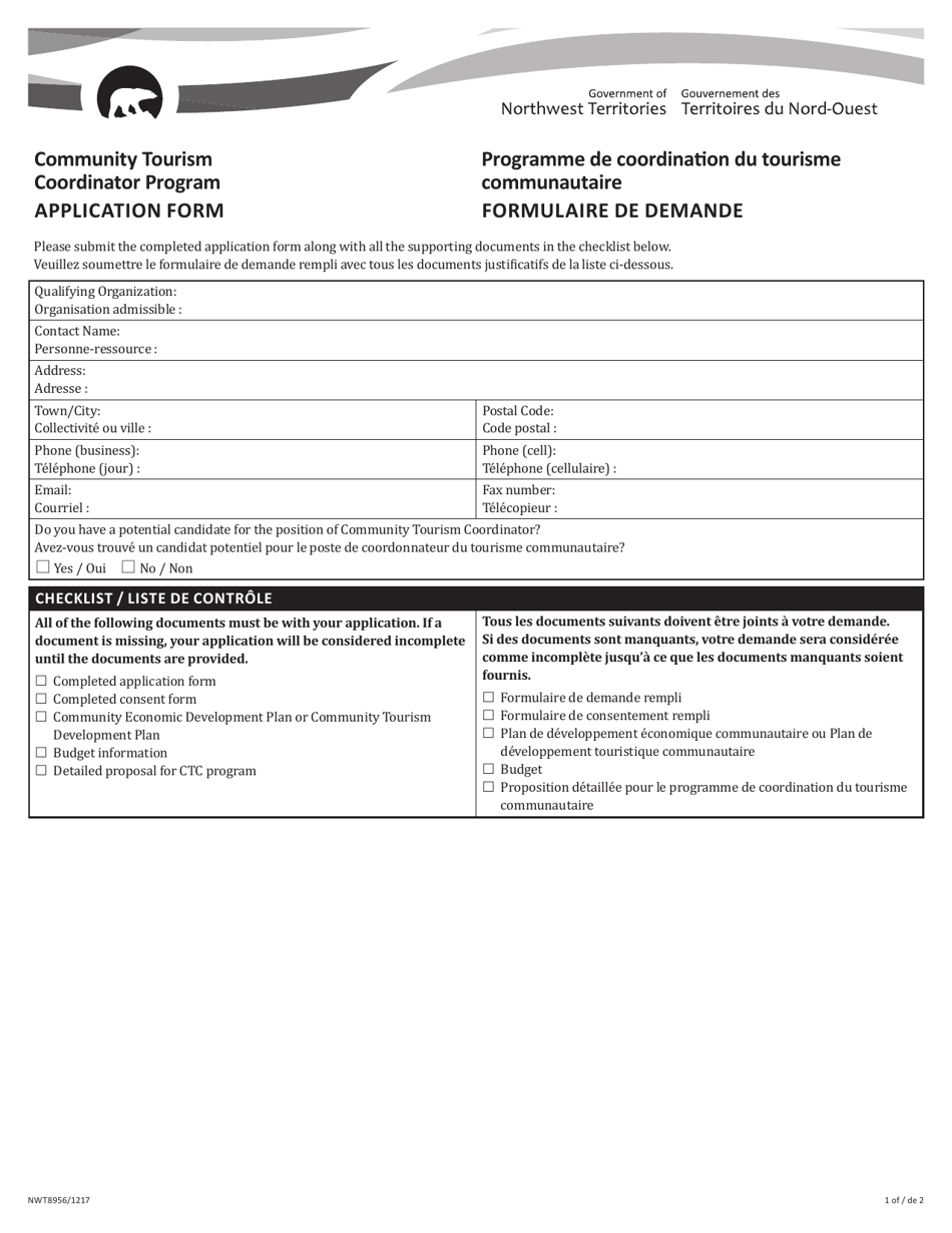 Form NWT8956 Application Form - Community Tourism Coordinator Program - Northwest Territories, Canada (English / French), Page 1