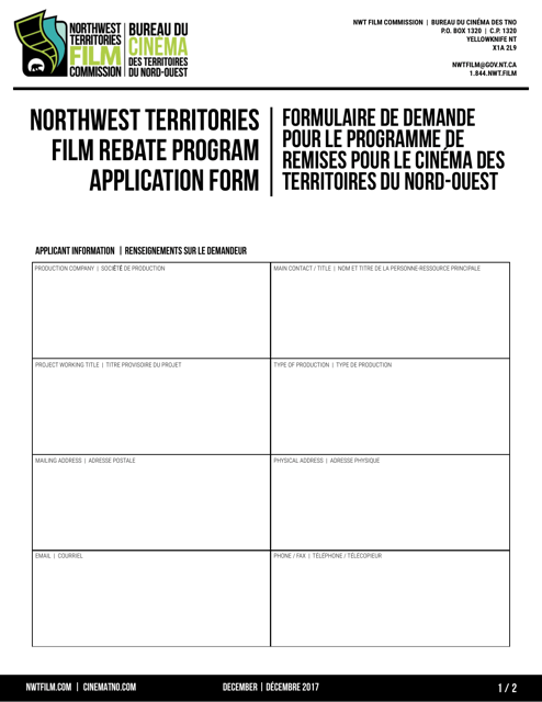 Application Form - Northwest Territories Film Rebate Program - Northwest Territories, Canada (English/French)