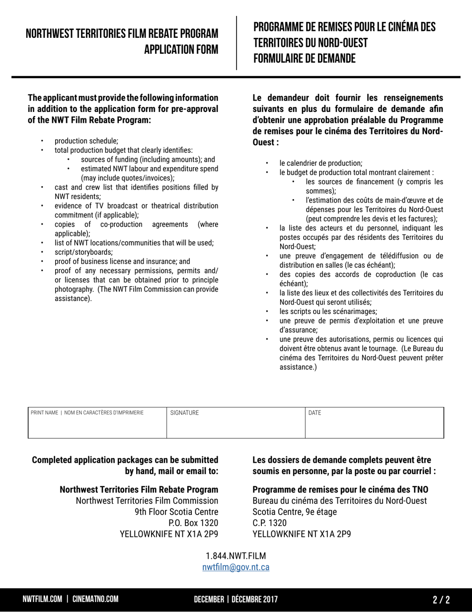 Application Form - Northwest Territories Film Rebate Program - Northwest Territories, Canada (English / French), Page 2