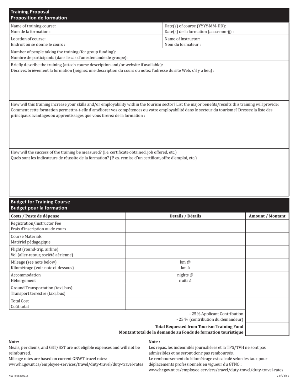 Form NWT8982 Tourism Training Fund Application Form - Northwest Territories, Canada (English / French), Page 2