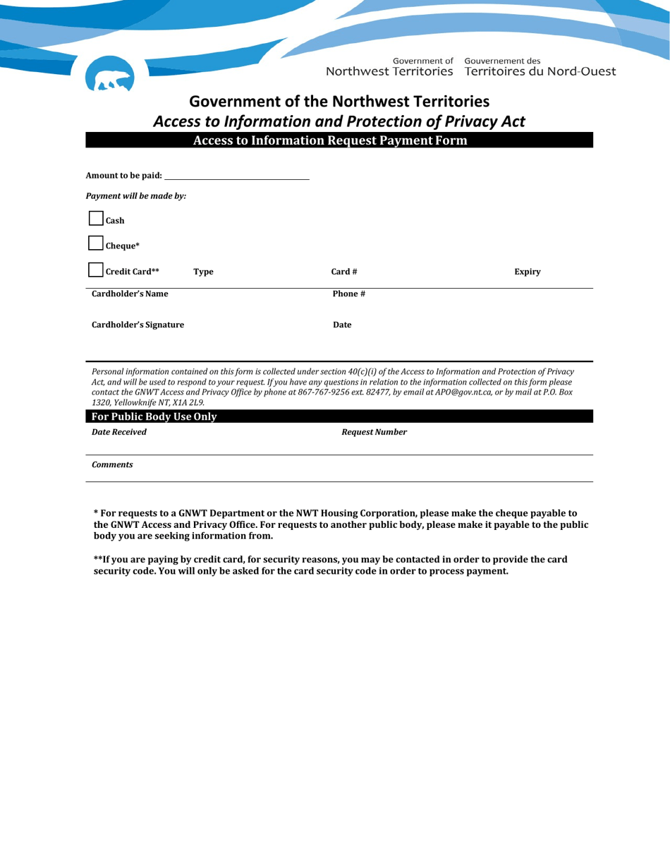 Access to Information Request Payment Form - Northwest Territories, Canada, Page 1