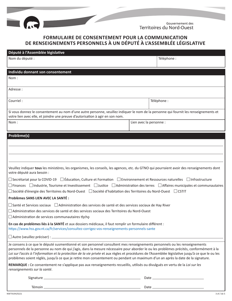Form NWT9194 Consent for Disclosure of Personal Information to a Member of the Legislative Assembly (Mla) - Northwest Territories, Canada (English / French), Page 3
