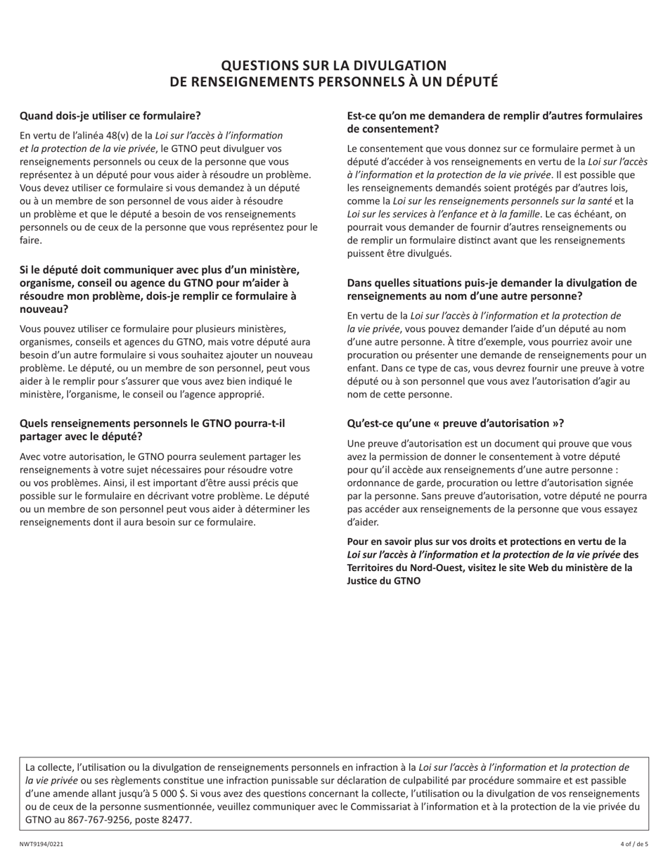 Form NWT9194 Consent for Disclosure of Personal Information to a Member of the Legislative Assembly (Mla) - Northwest Territories, Canada (English / French), Page 4