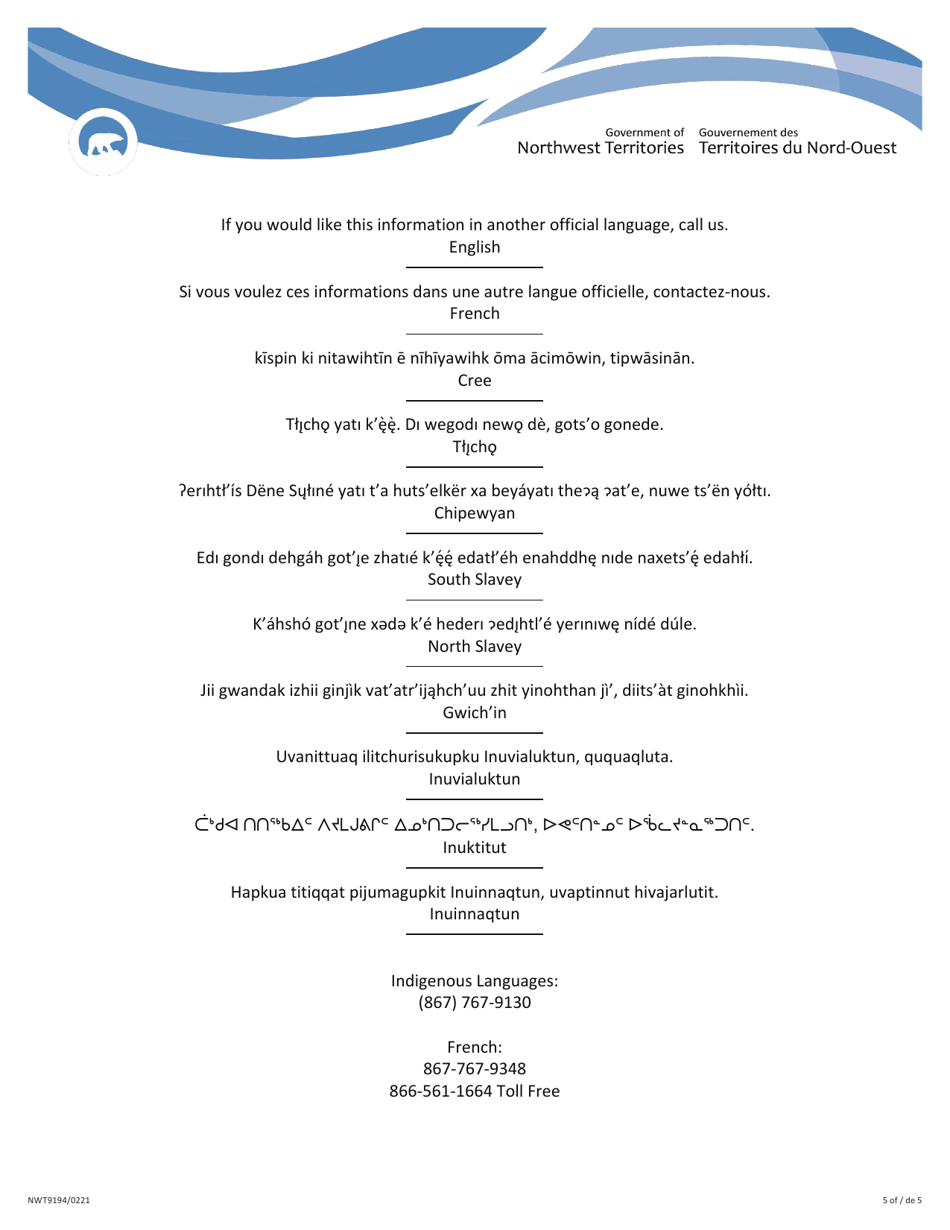 Form NWT9194 Consent for Disclosure of Personal Information to a Member of the Legislative Assembly (Mla) - Northwest Territories, Canada (English / French), Page 5