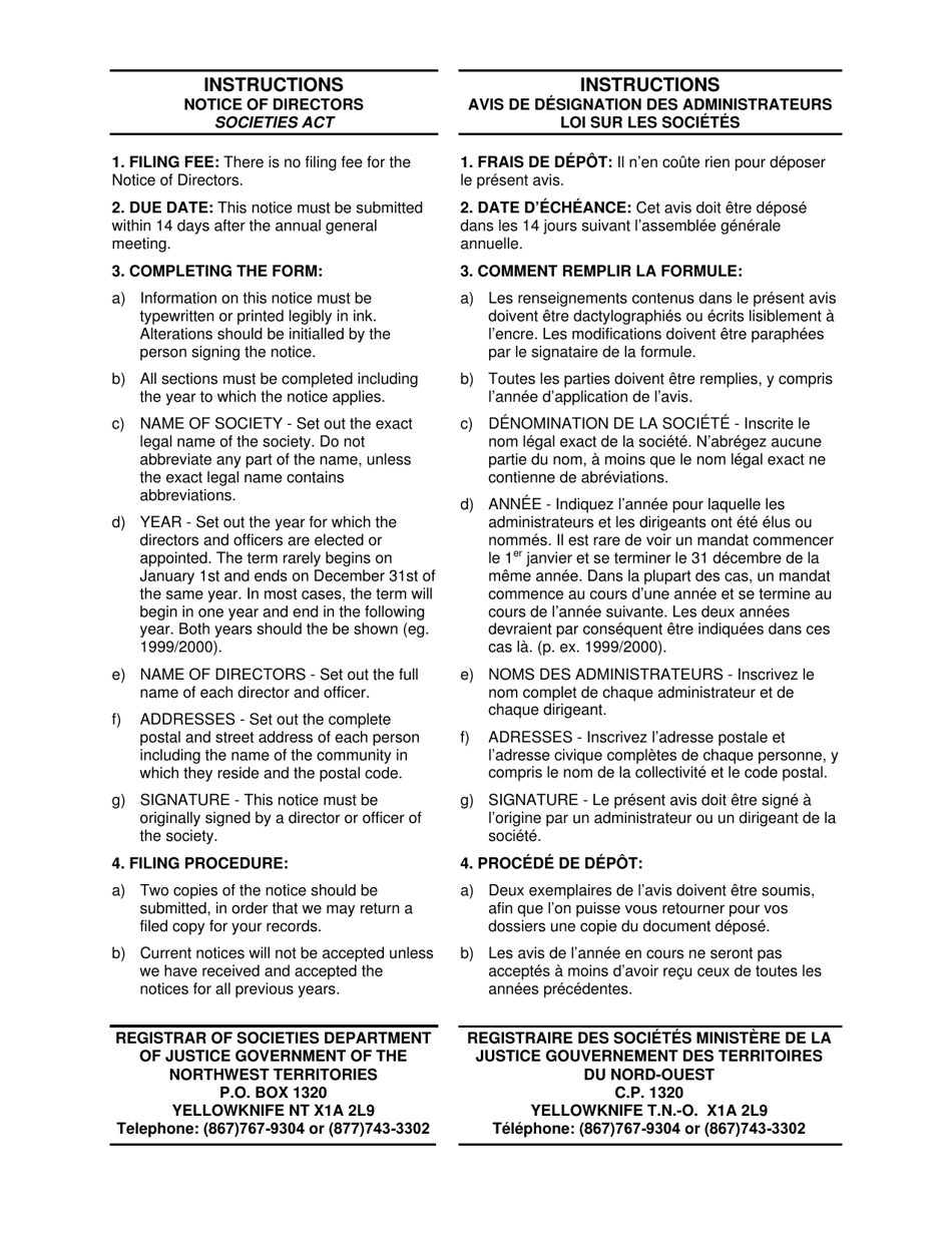 Instructions for Notice of Directors - Northwest Territories, Canada, Page 1