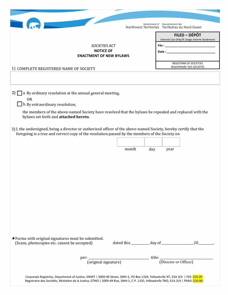 Notice of Enactment of New Bylaws - Northwest Territories, Canada, Page 1