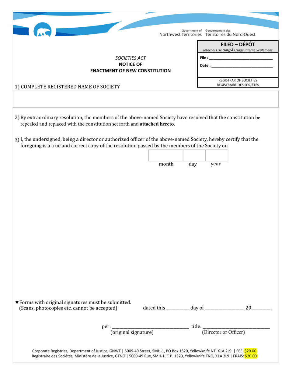 Notice of Enactment of New Constitution - Northwest Territories, Canada, Page 1