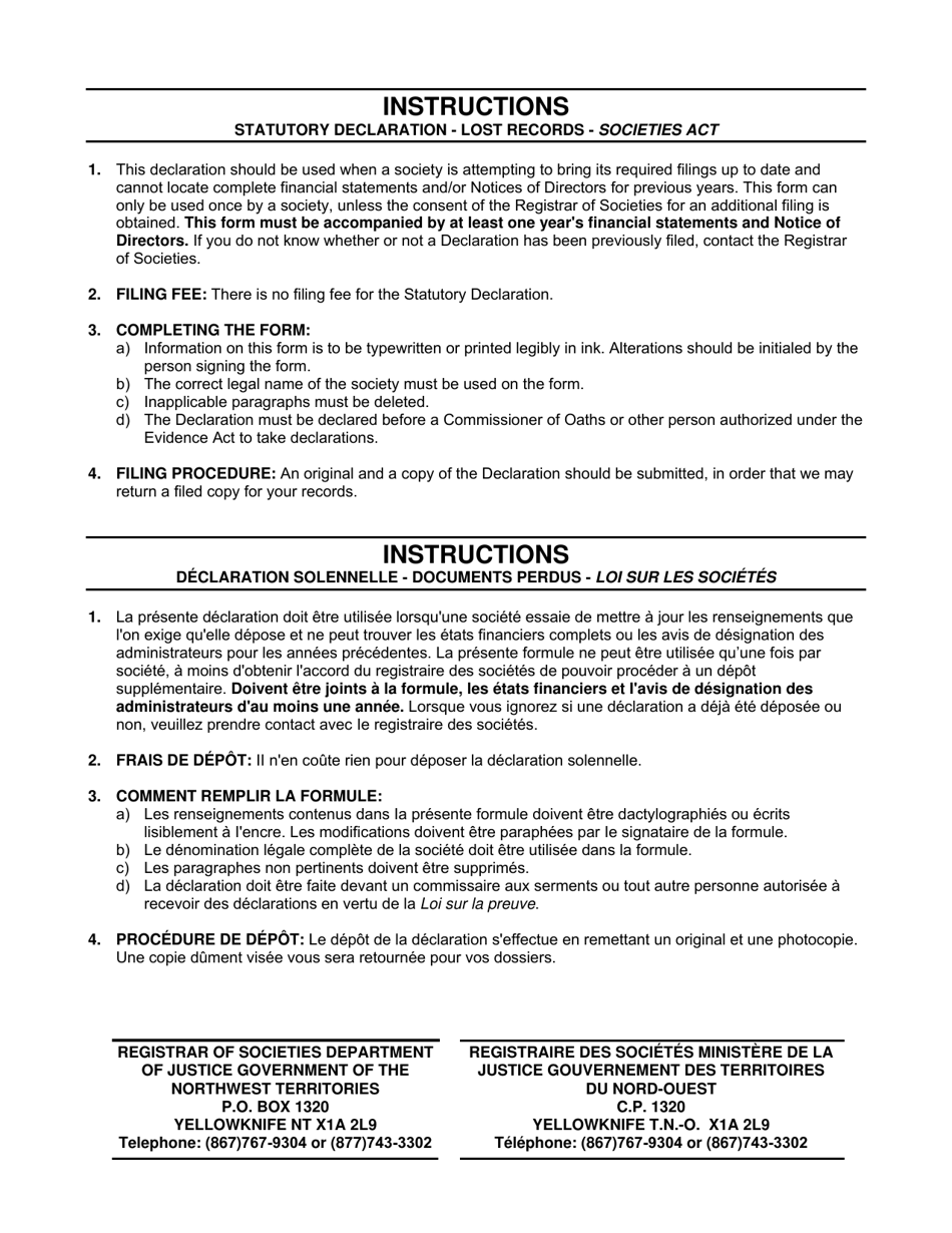Instructions for Declaration of Lost Records - Northwest Territories, Canada (English / French), Page 1