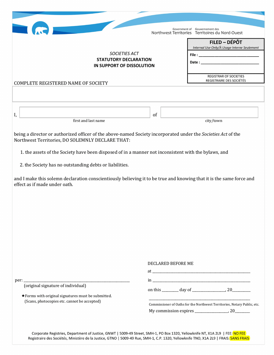 Statutory Declaration in Support of Dissolution - Northwest Territories, Canada, Page 1