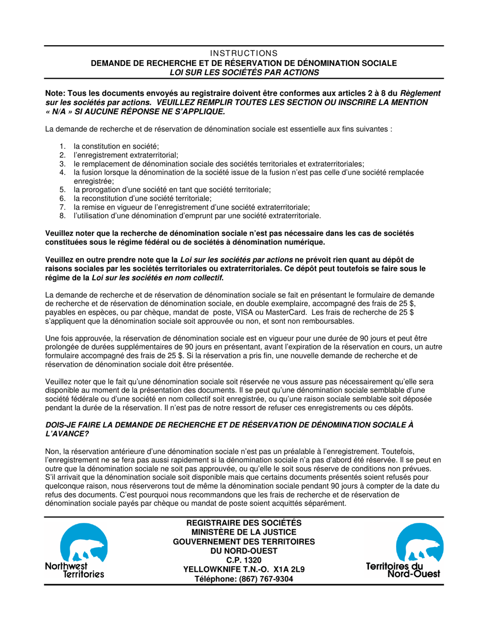 Instructions for Application for Name Search and Reservation - Northwest Territories, Canada (English / French), Page 2