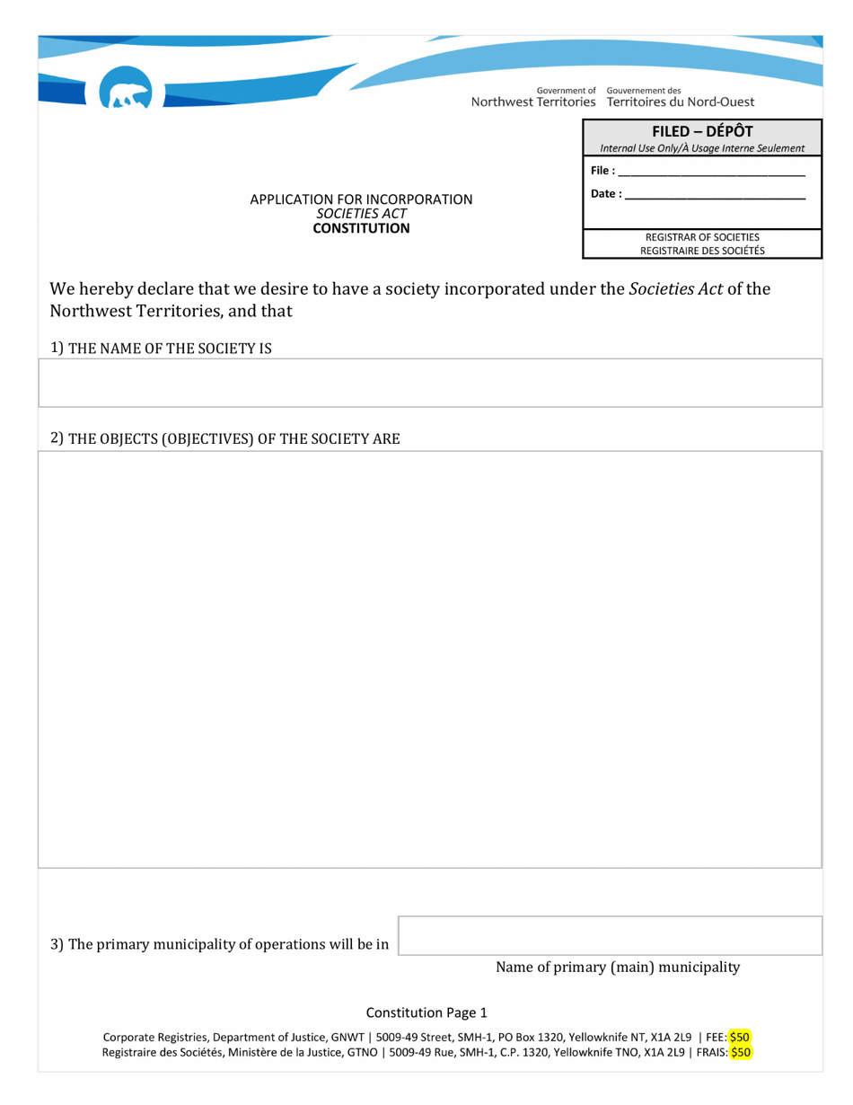 Application for Incorporation - Northwest Territories, Canada, Page 1
