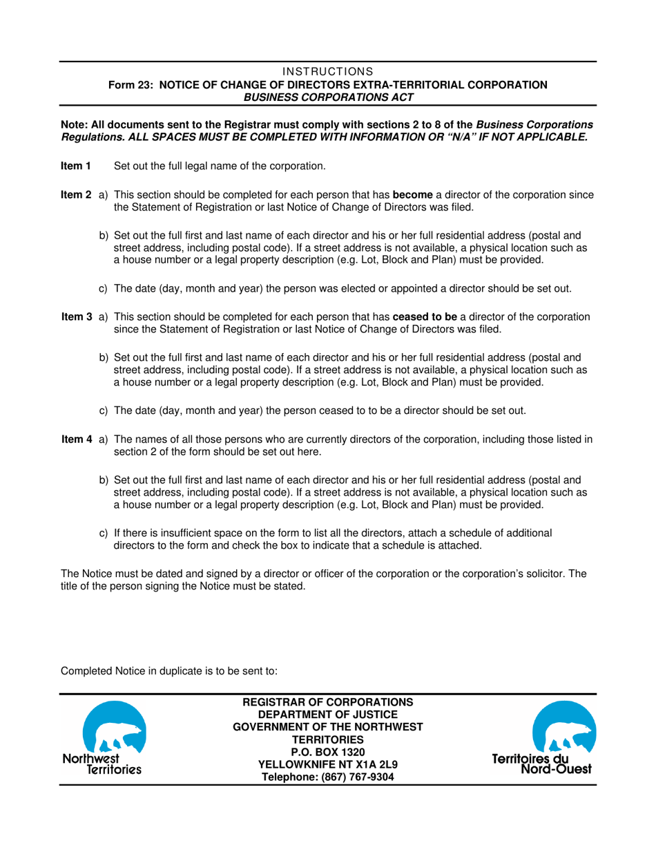 Instructions for Form 23 Notice of Change of Directors Extra-territorial Corporation - Northwest Territories, Canada (English / French), Page 1