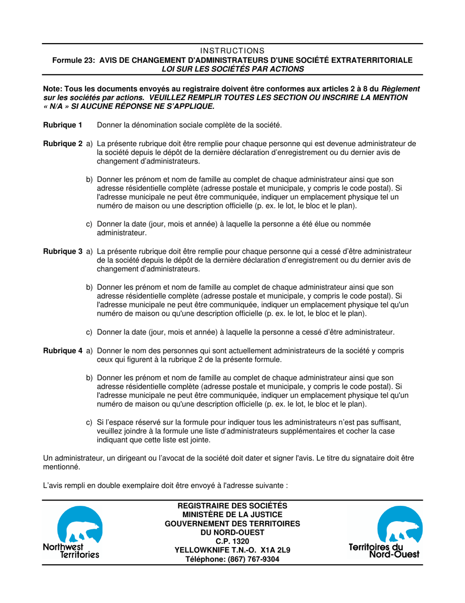 Instructions for Form 23 Notice of Change of Directors Extra-territorial Corporation - Northwest Territories, Canada (English / French), Page 2