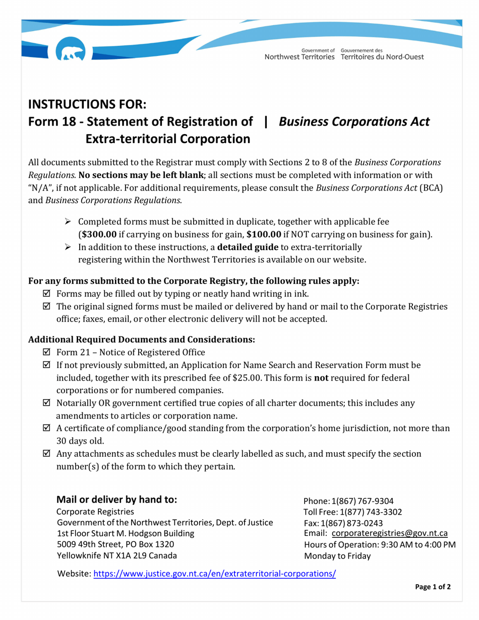 Instructions for Form 18 Statement of Registration of Extra-territorial Corporation - Northwest Territories, Canada, Page 1