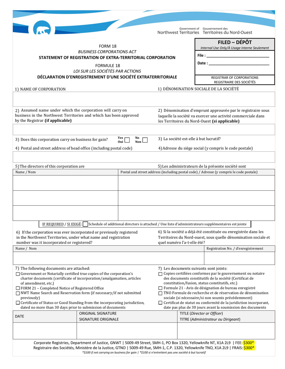 Form 18 Statement of Registration of Extra-territorial Corporation - Northwest Territories, Canada, Page 1