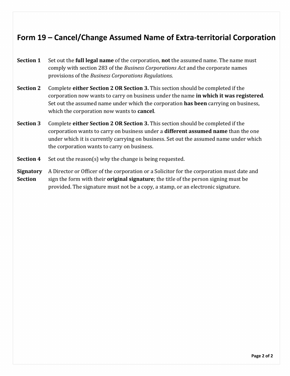 Instructions for Form 19 Application to Cancel or Change Assumed Name of Extra-territorial Corporation - Northwest Territories, Canada, Page 2