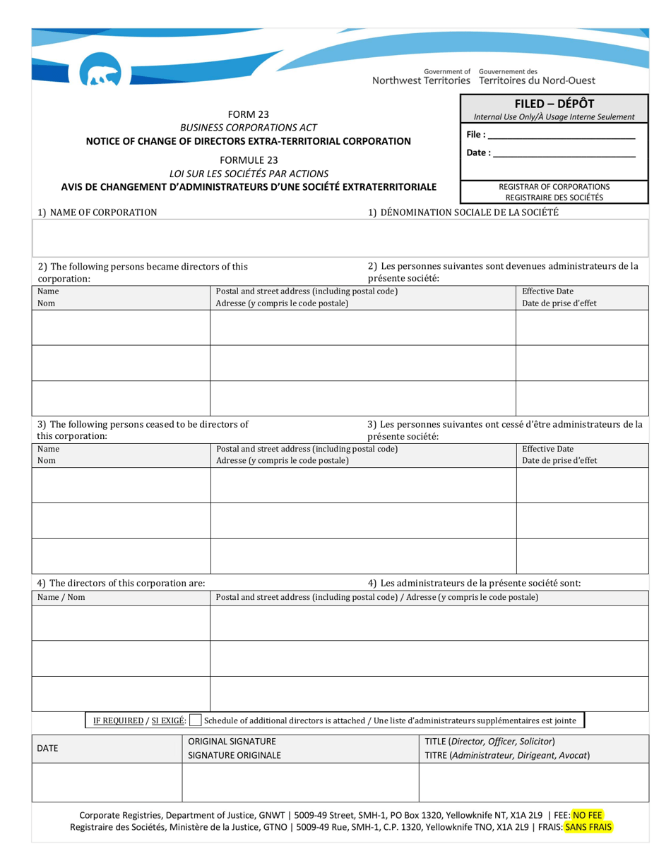 Form 23 Notice of Change of Directors Extra-territorial Corporation - Northwest Territories, Canada (English / French), Page 1
