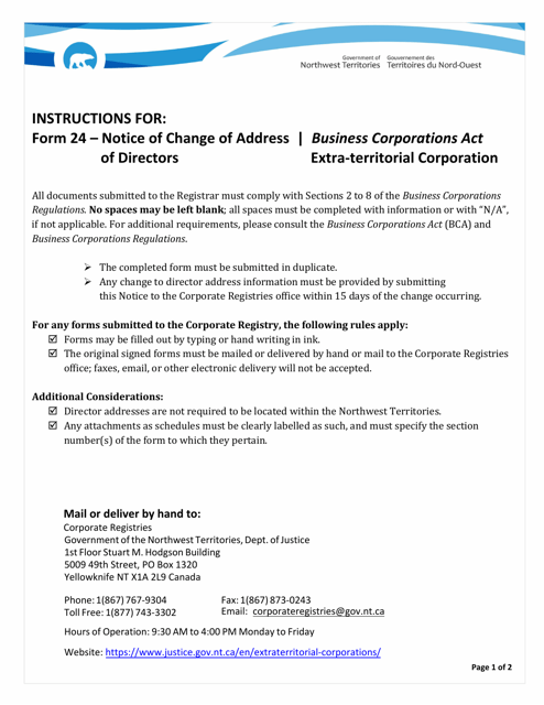 Instructions for Form 24 Notice of Change of Address of Directors - Extra-territorial Corporation - Northwest Territories, Canada