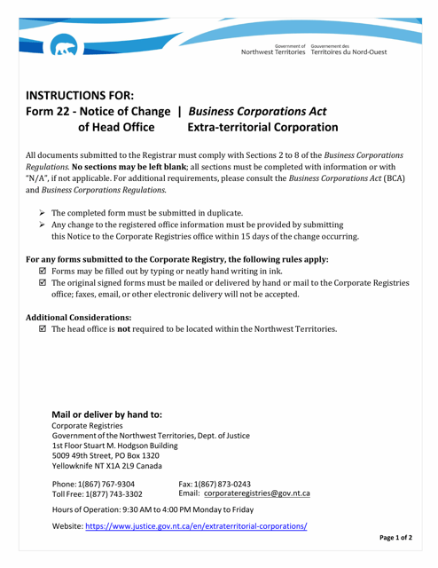 Instructions for Form 22 Notice of Change of Head Office of Extra-territorial Corporation - Northwest Territories, Canada
