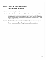 Instructions for Form 22 Notice of Change of Head Office of Extra-territorial Corporation - Northwest Territories, Canada, Page 2