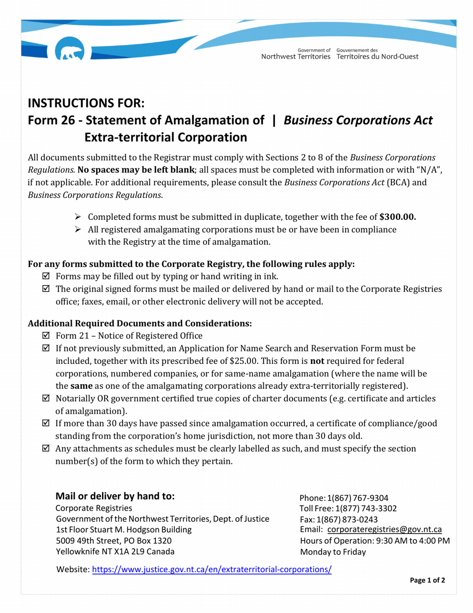 Instructions for Form 26 Statement of Amalgamation of Extra-territorial Corporation - Northwest Territories, Canada, Page 1