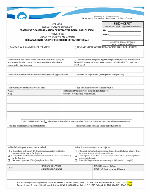 Form 26 Statement of Amalgamation of Extra-territorial Corporation - Northwest Territories, Canada (English/French)