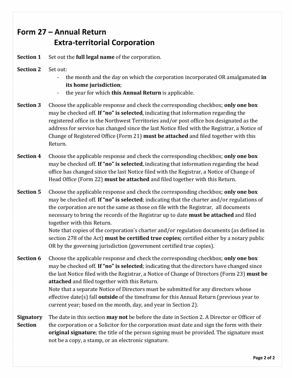 Instructions for Form 27 Extra-territorial Annual Return - Northwest Territories, Canada, Page 2