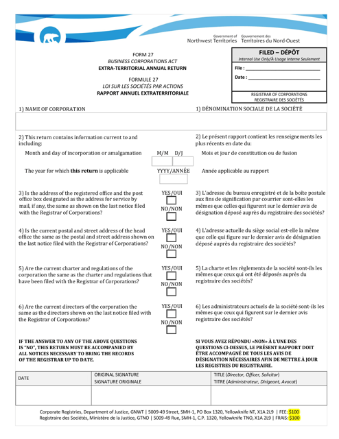 Form 27 Extra-territorial Annual Return - Northwest Territories, Canada (English/French)