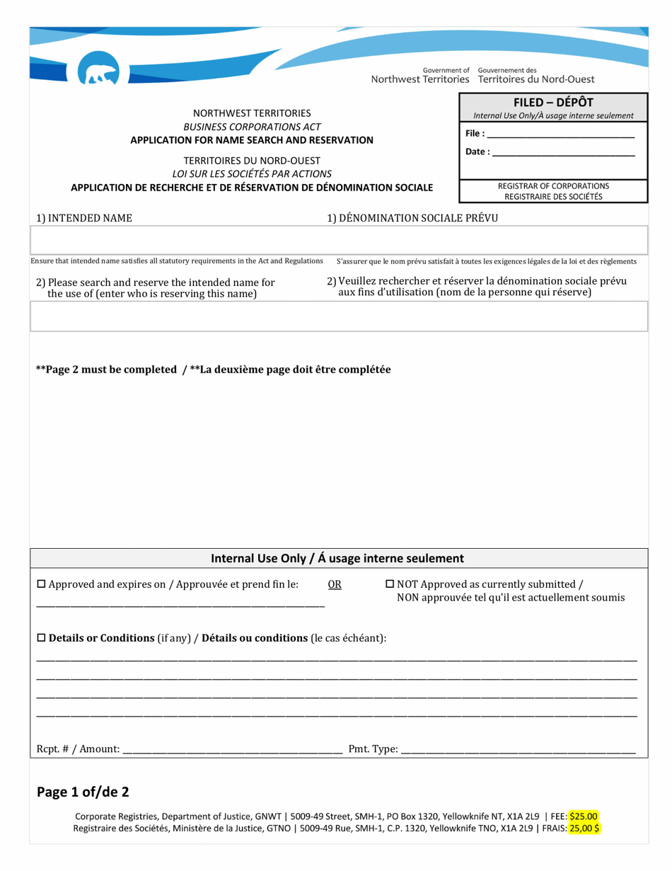 Application for Name Search and Reservation - Northwest Territories, Canada (English / French), Page 1