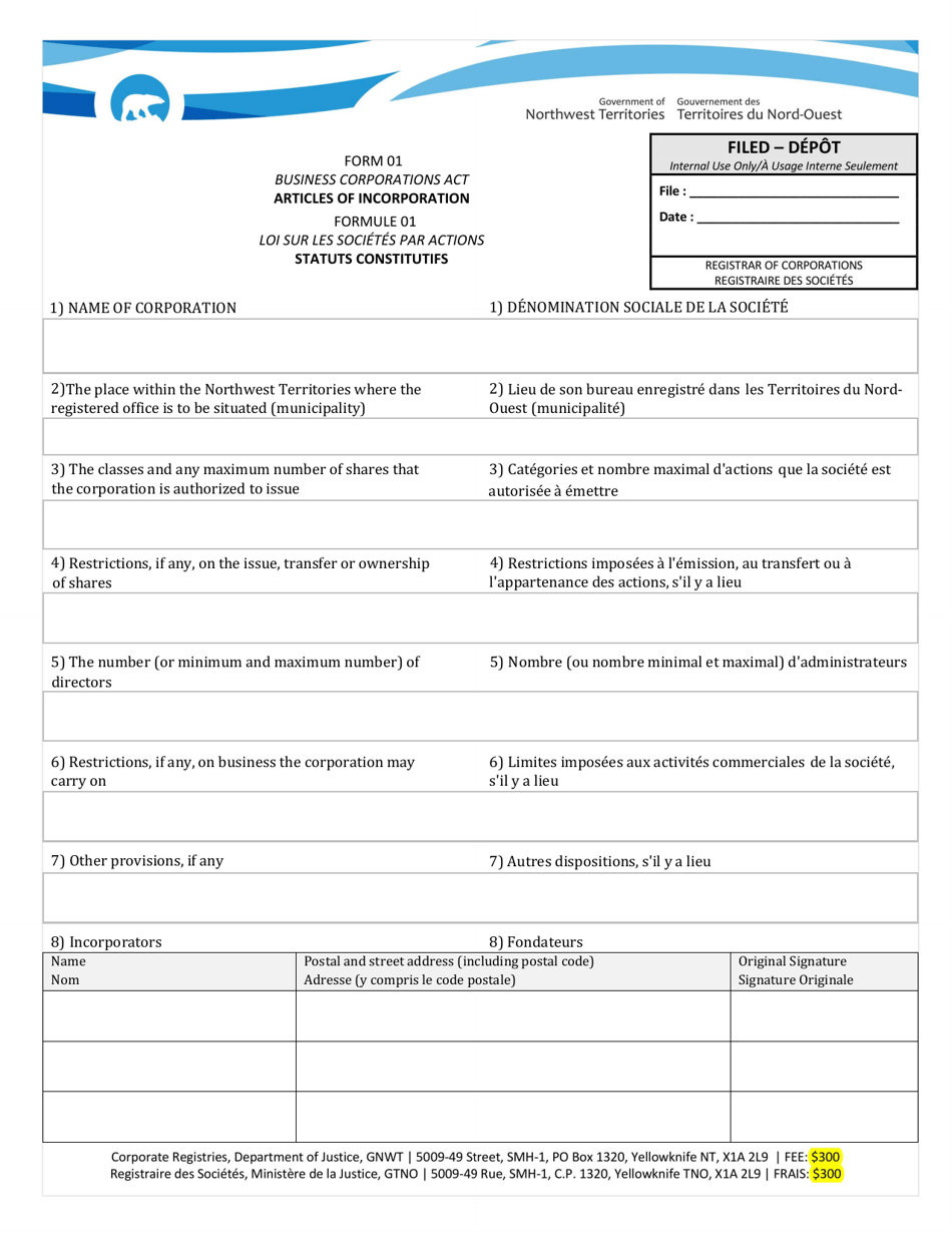 Form 01 Articles of Incorporation - Northwest Territories, Canada (English / French), Page 1