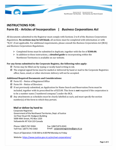 Instructions for Form 01 Articles of Incorporation - Northwest Territories, Canada