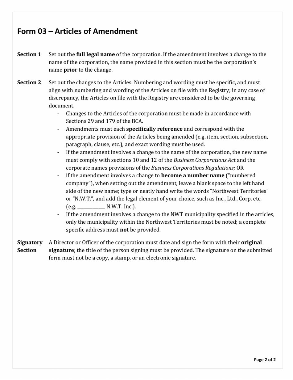 Instructions for Form 03 Articles of Amendment - Northwest Territories, Canada, Page 2