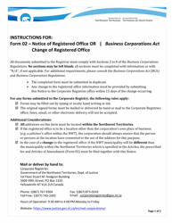 Document preview: Instructions for Form 02 Notice of Registered Office or Notice of Change of Registered Office - Northwest Territories, Canada