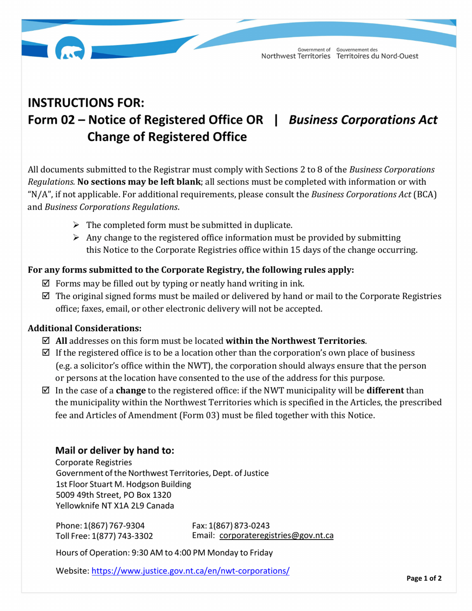 Instructions for Form 02 Notice of Registered Office or Notice of Change of Registered Office - Northwest Territories, Canada, Page 1