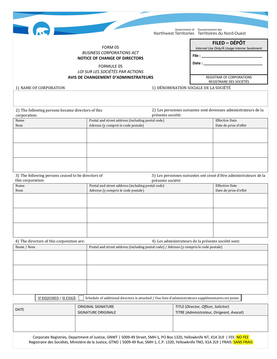 Form 05 Notice of Change of Directors - Northwest Territories, Canada (English / French), Page 1