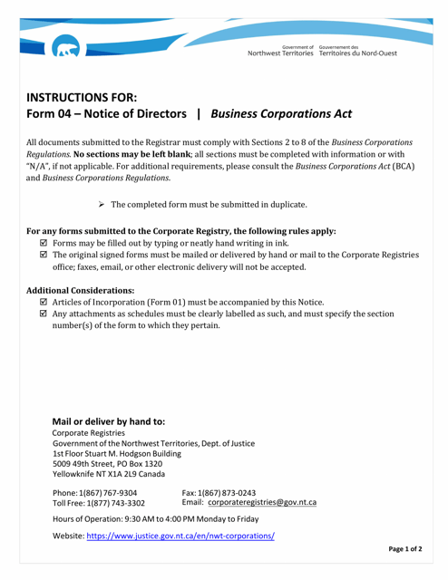 Instructions for Form 04 Notice of Directors - Northwest Territories, Canada