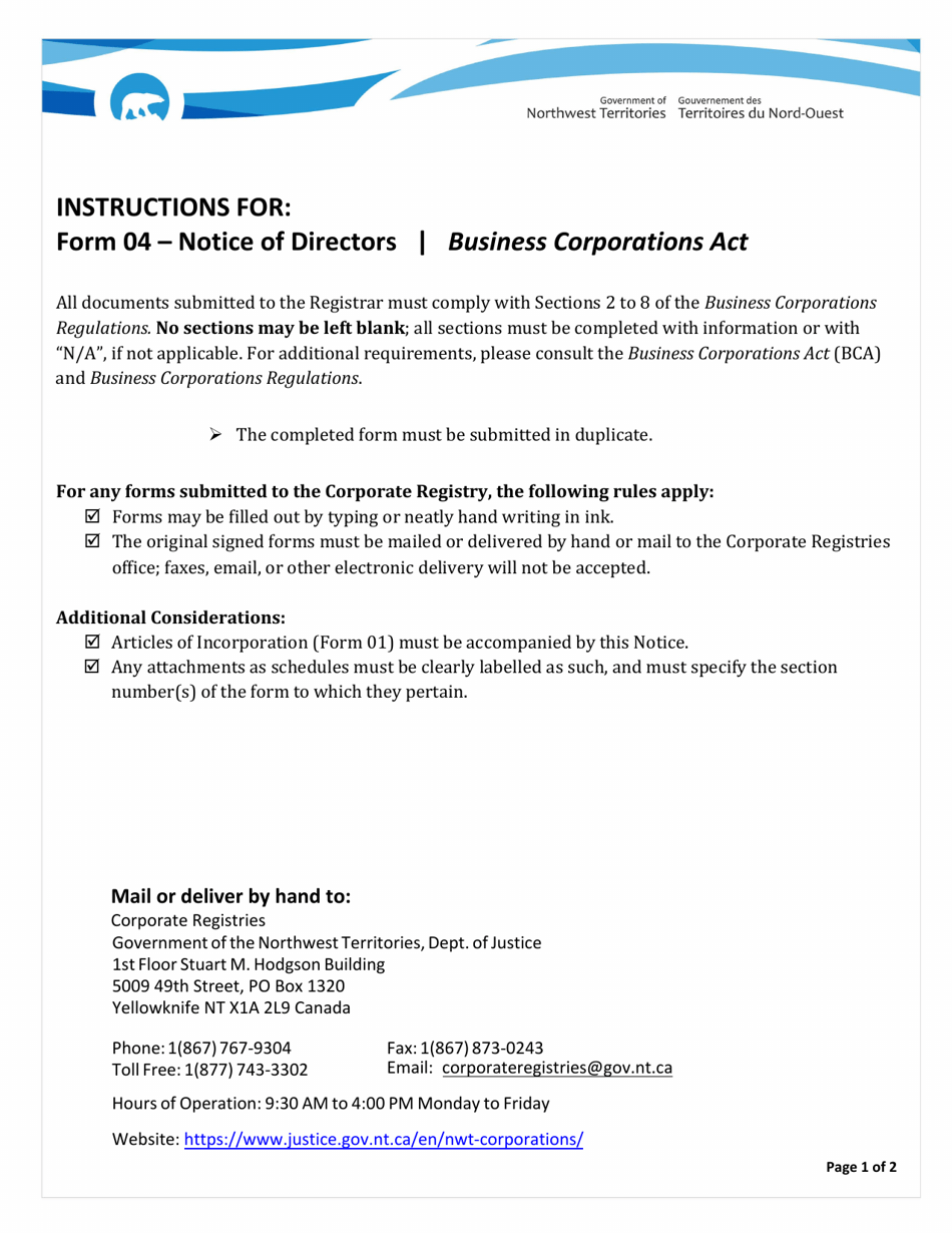Instructions for Form 04 Notice of Directors - Northwest Territories, Canada, Page 1