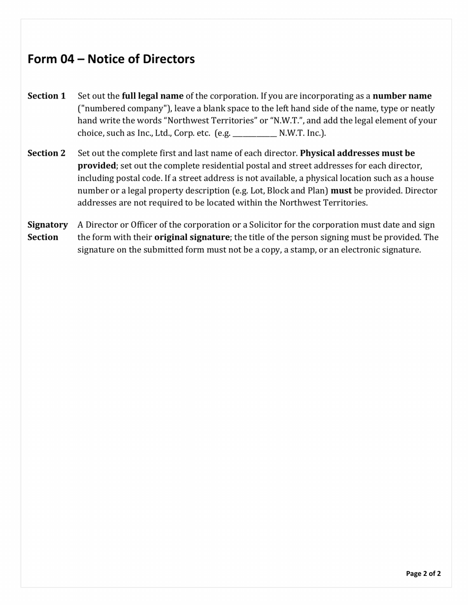 Instructions for Form 04 Notice of Directors - Northwest Territories, Canada, Page 2