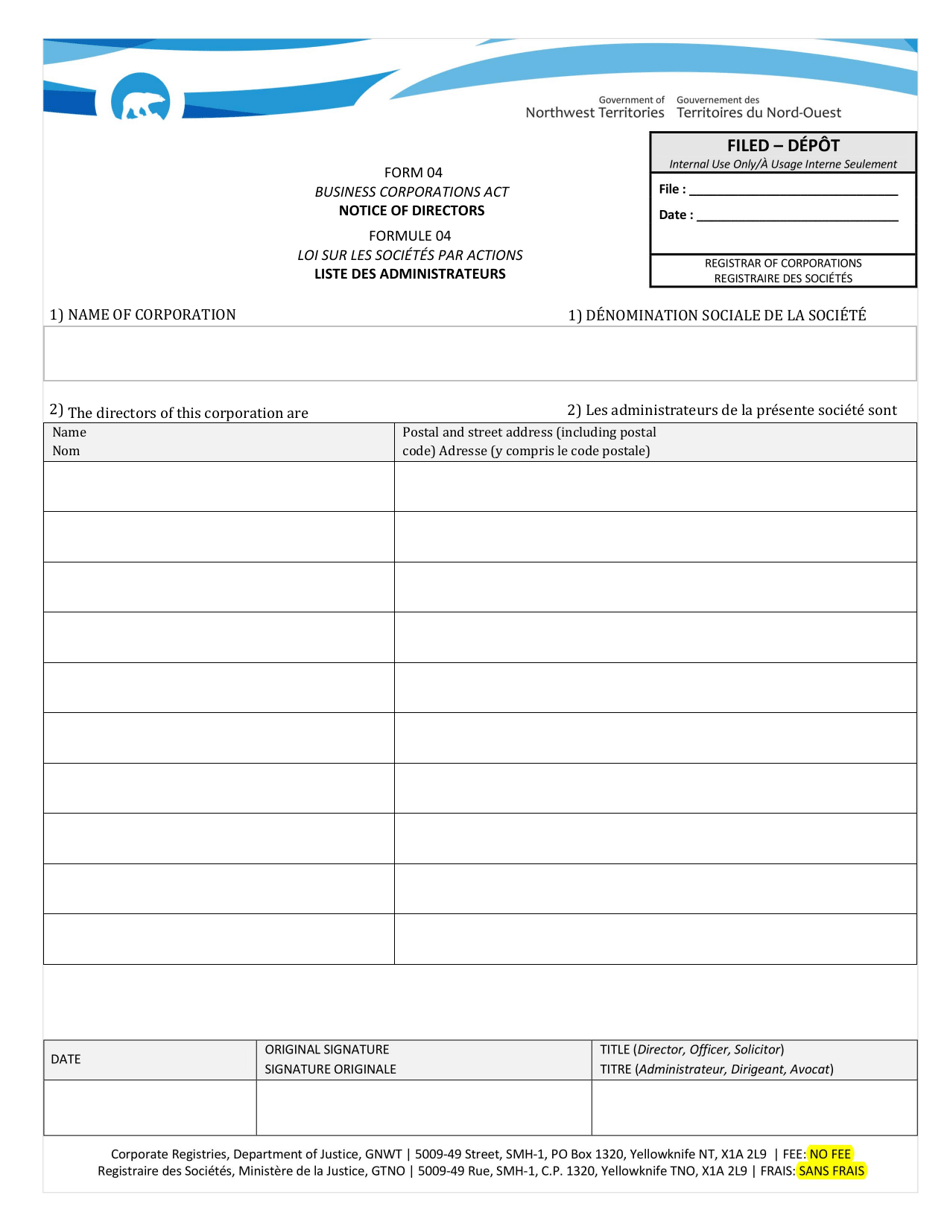 Form 04 Notice of Directors - Northwest Territories, Canada (English / French), Page 1