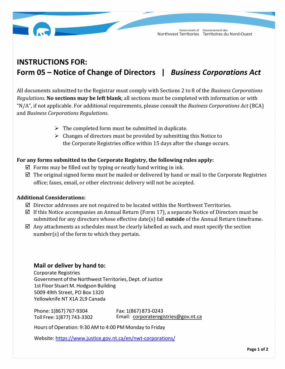 Instructions for Form 05 Notice of Change of Directors - Northwest Territories, Canada, Page 1