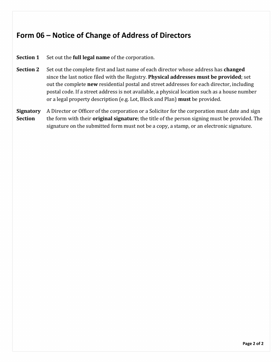 Instructions for Form 06 Notice of Change of Address of Directors - Northwest Territories, Canada, Page 2