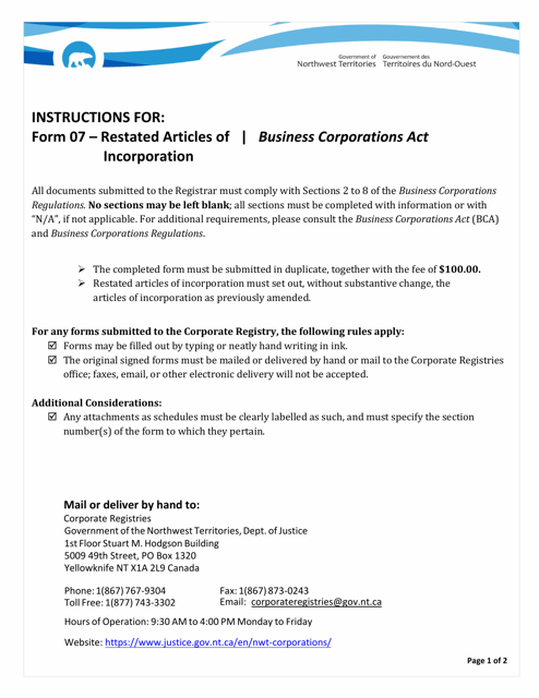 Instructions for Form 07 Restated Articles of Incorporation - Northwest Territories, Canada