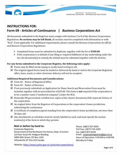Instructions for Form 09 Articles of Continuance - Northwest Territories, Canada