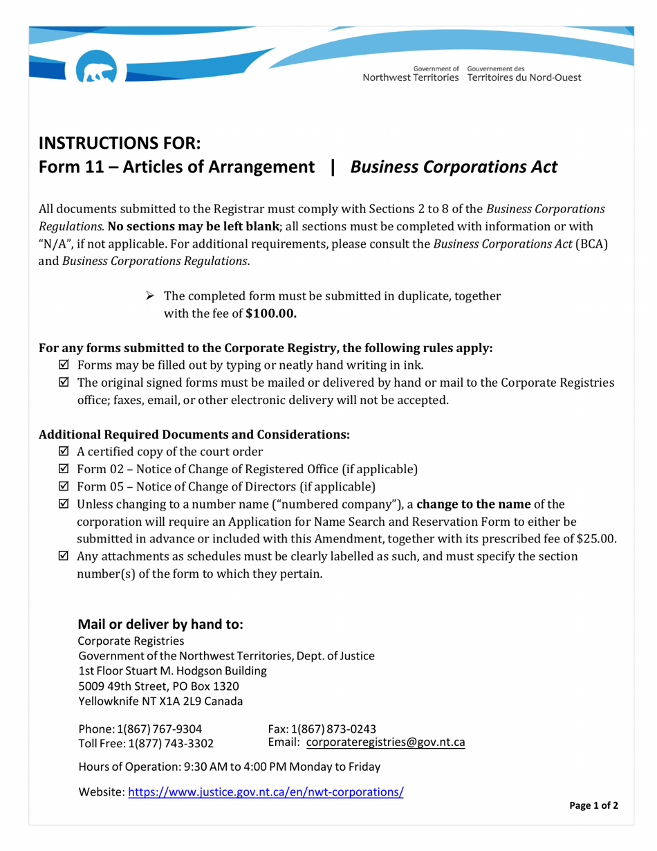 Instructions for Form 11 Articles of Arrangement - Northwest Territories, Canada, Page 1