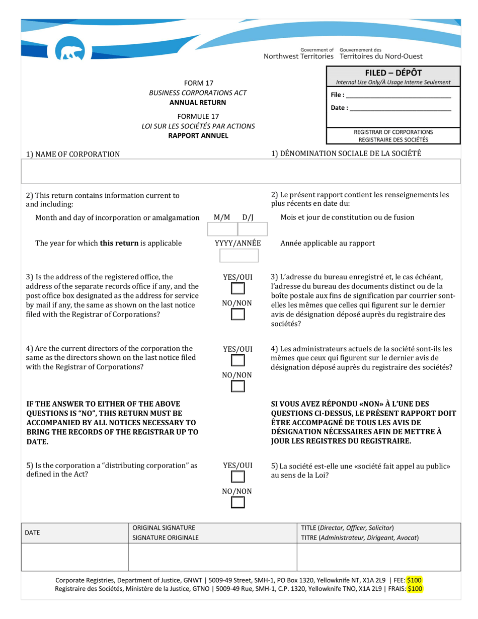 Form 17 Annual Return - Northwest Territories, Canada (English / French), Page 1