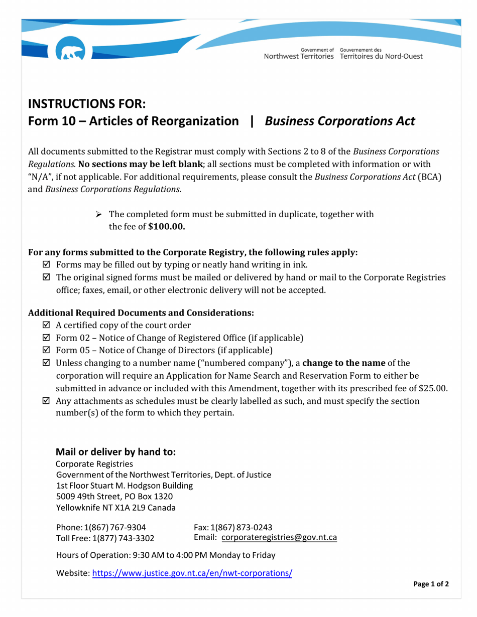 Instructions for Form 10 Articles of Reorganization - Northwest Territories, Canada, Page 1